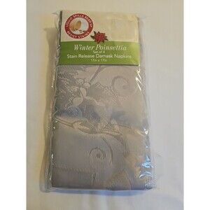 Christmas Poinsettia Napkins Set Of 4 Gray Fabric Damask Stain Resistant Winter